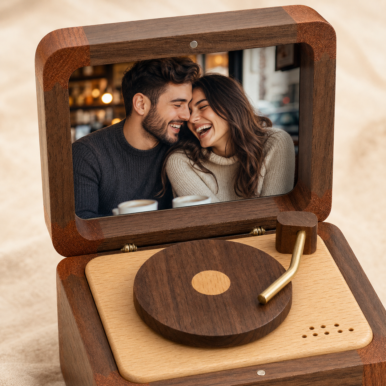 Custom Wooden Music Box, Personalized Photo Record Player Keepsake, Vintage Memory Box Unique Gift