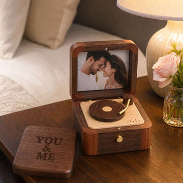 Custom Wooden Music Box, Personalized Photo Record Player Keepsake, Vintage Memory Box Unique Gift