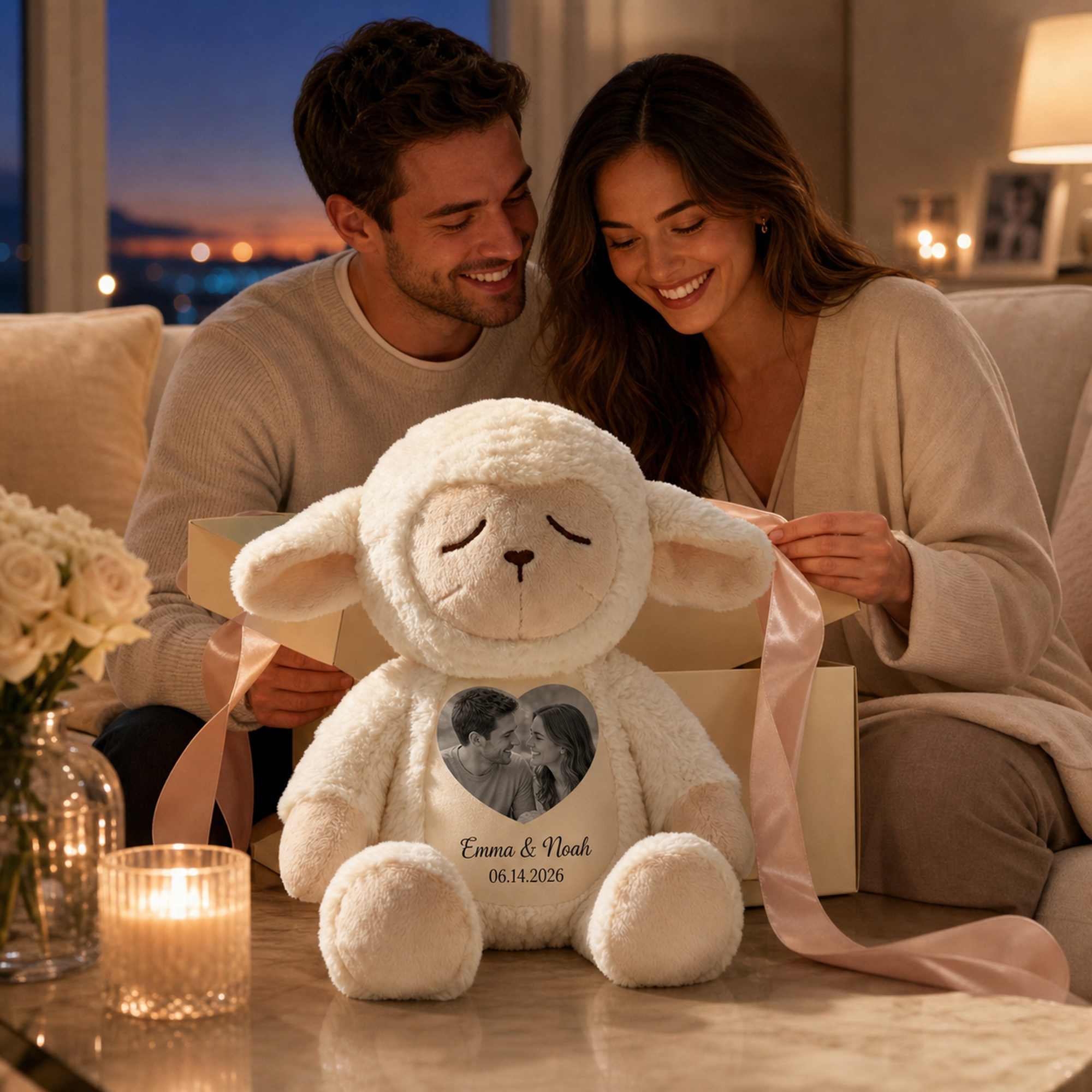 Personalized Couple Photo Lamb Plush – Custom Anniversary Keepsake Gift for Him or Her