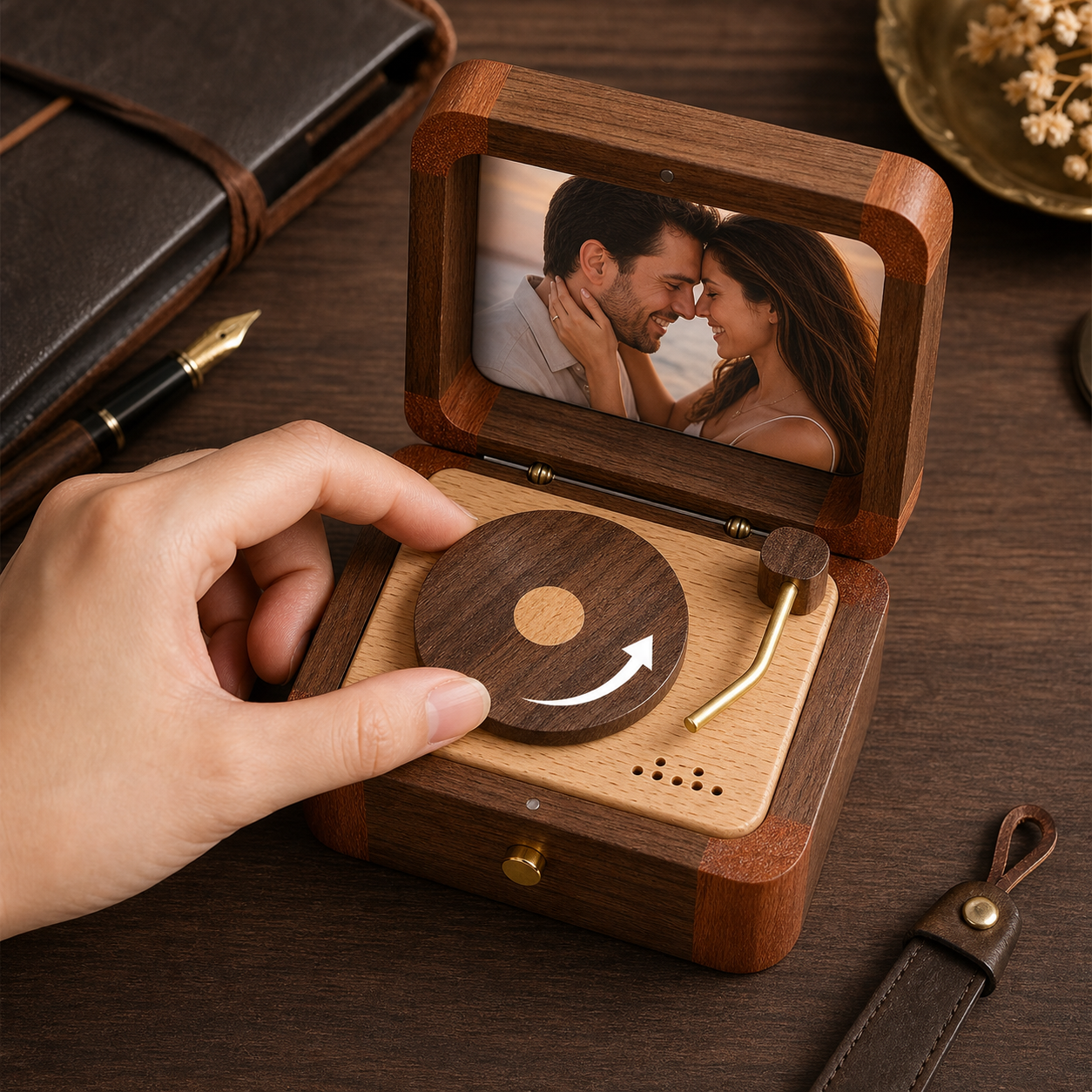 Custom Wooden Music Box, Personalized Photo Record Player Keepsake, Vintage Memory Box Unique Gift