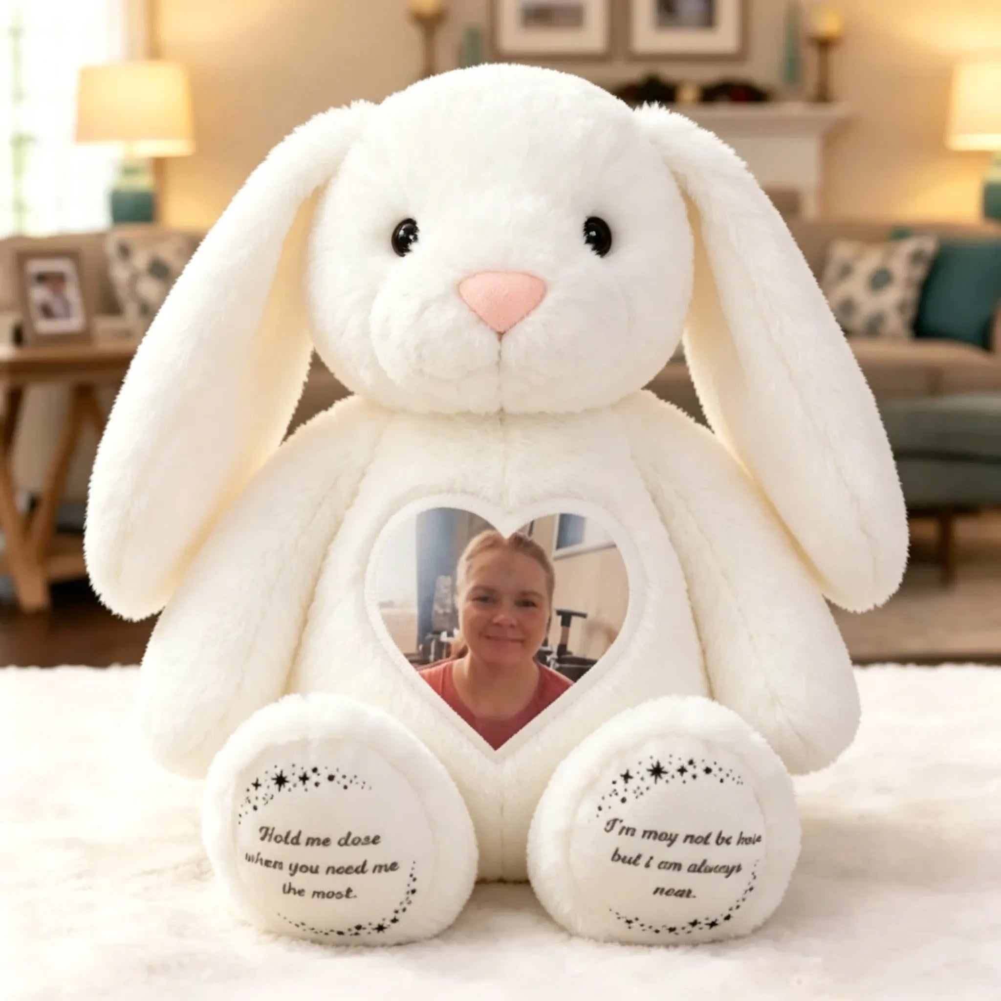 Custom Heart Photo Bunny Plush – Personalized Text Bunny Toys Anniversary Gift for Couples