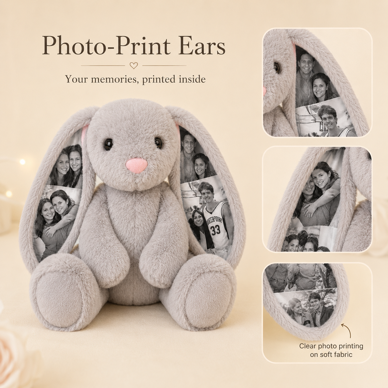 Custom Photo Bunny Plush – Personalized Hidden Ear Picture Bunny Gift