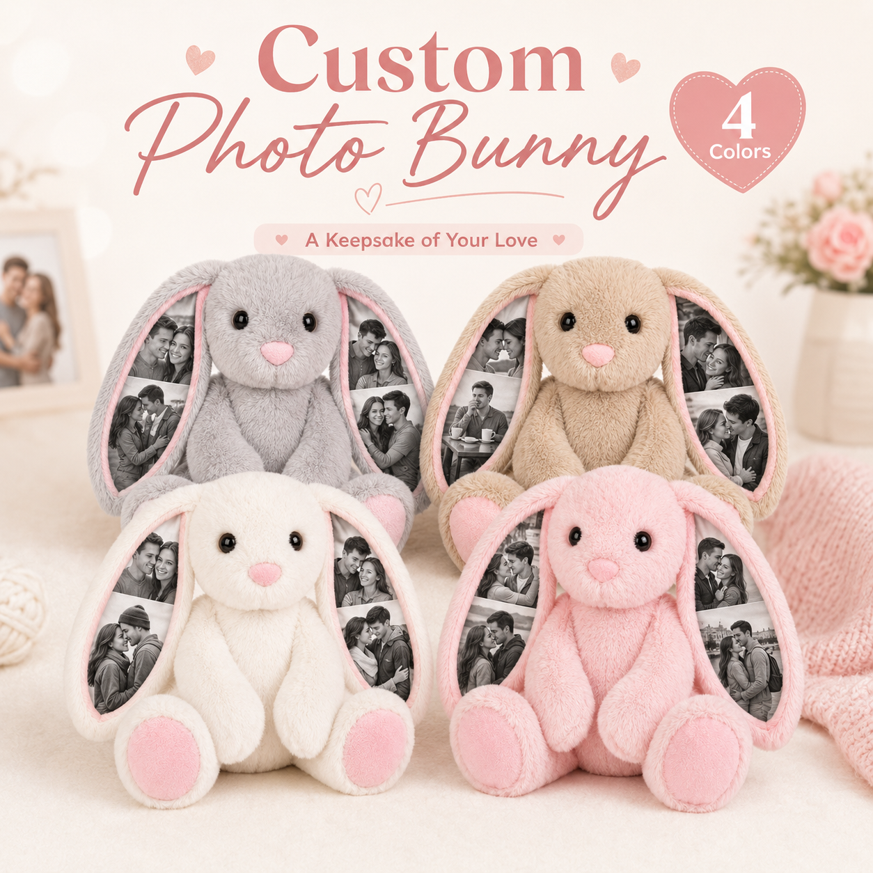 Custom Photo Bunny Plush – Personalized Hidden Ear Picture Bunny Gift