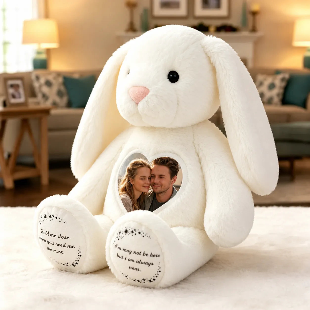 Custom Heart Photo Bunny Plush – Personalized Text Bunny Toys Anniversary Gift for Couples