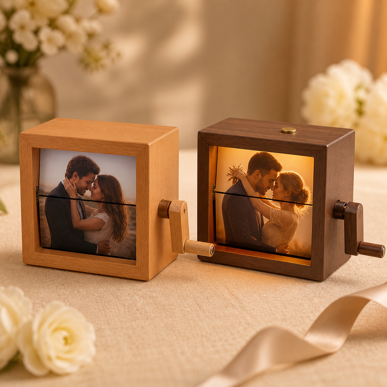 Custom Photo Flipbook Frame Animation Machine Mechanical Hand-cranked Flipbook Box Photo Album with Light Black Walnut Anniversary Gifts