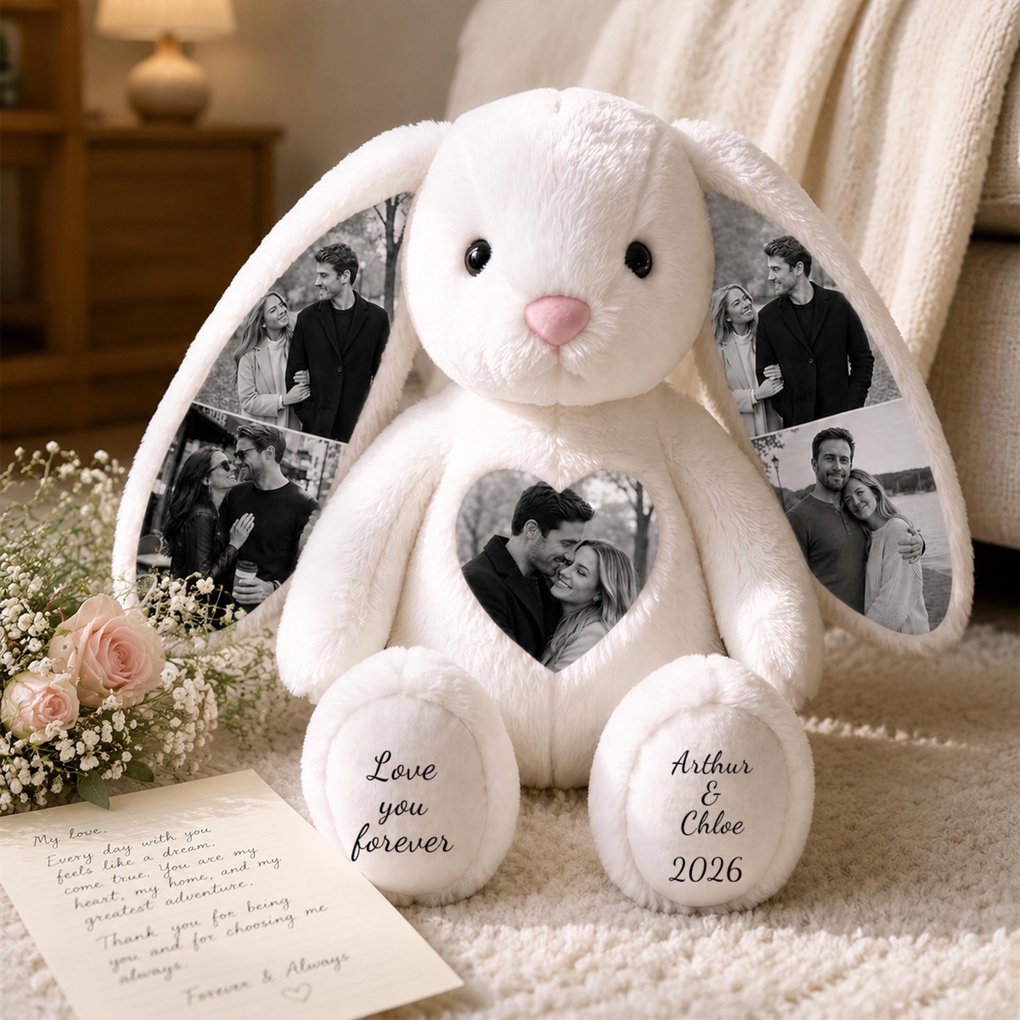 Custom Photo Engraved Bunny Plush - Personalized Anniversary Gift for Couple, Romantic Valentine’s Day Gift for Lover