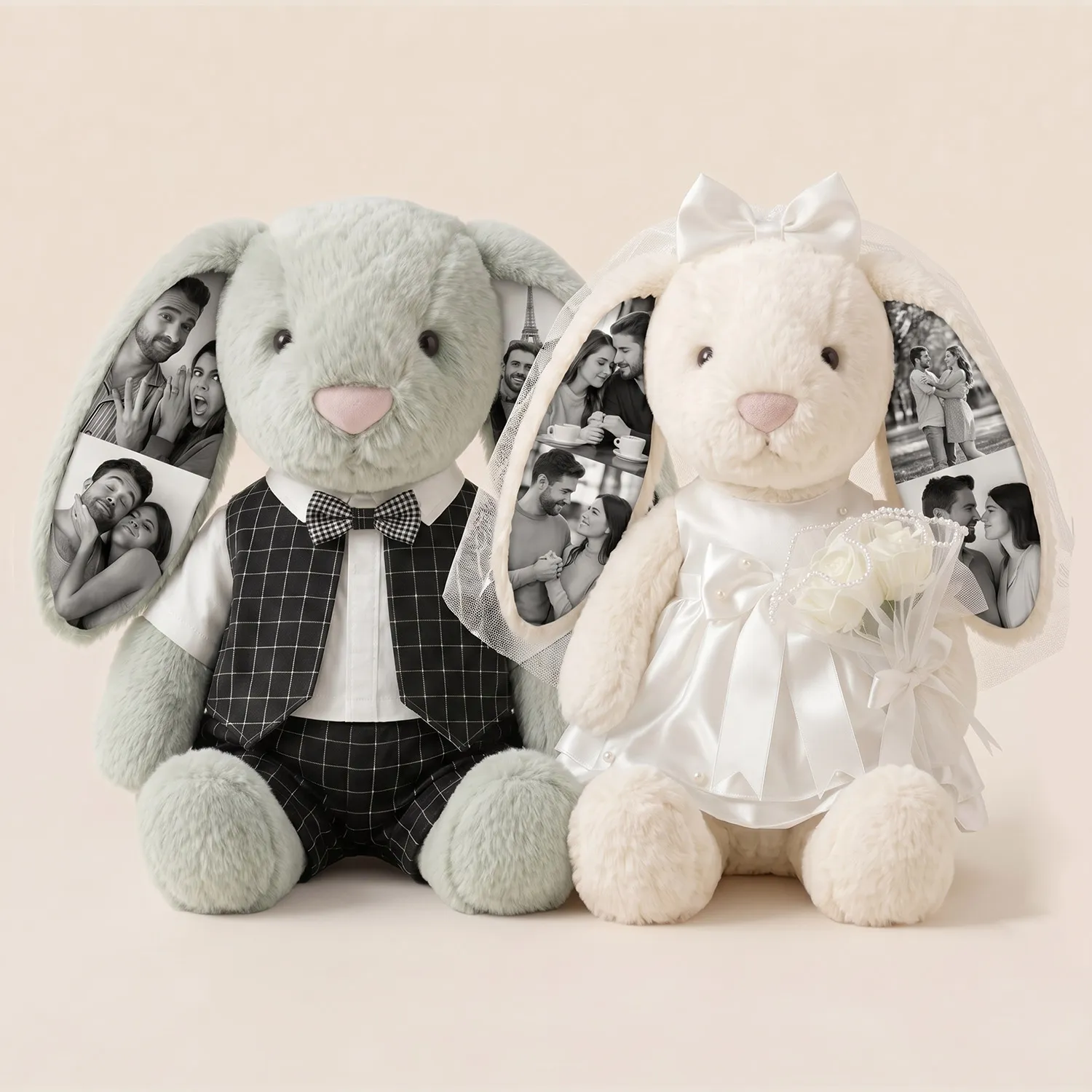 Custom Photo Wedding Bunny Plush – Personalized Bride & Groom Bunny Stuffed Animal, Anniversary Wedding Gift for Couples