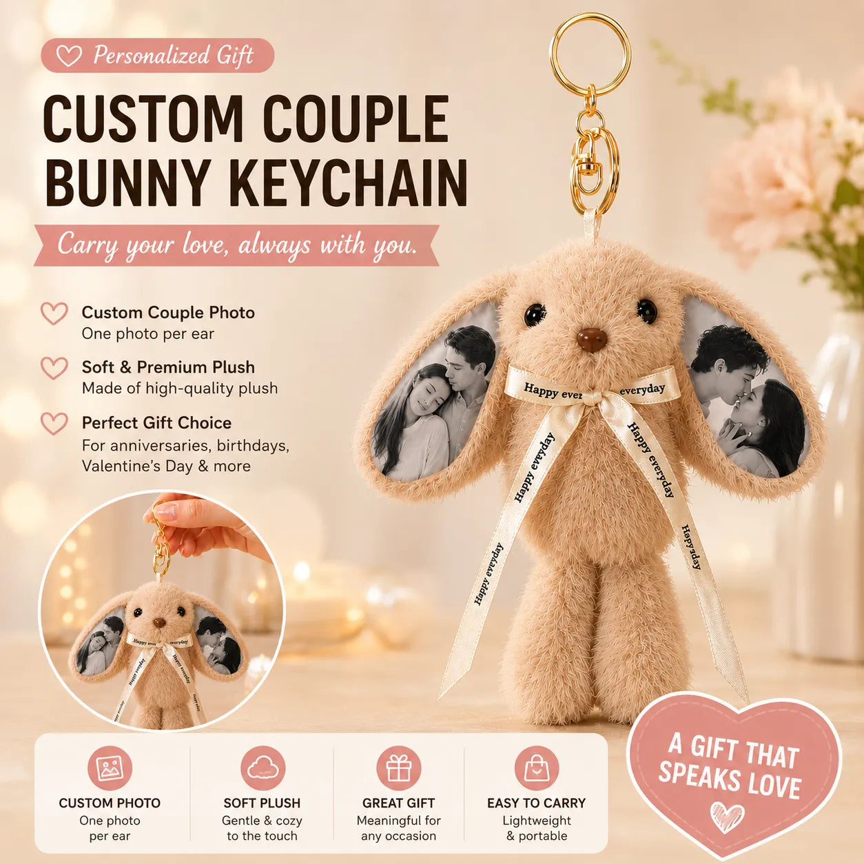 Custom Photo Bunny Plush Keychain