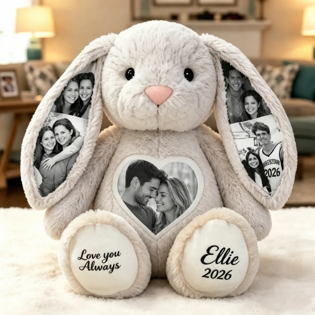Custom Heart Photo Bunny Plush – Personalized Hidden Ear Picture Bunny Custom Text Anniversary Gift for Couples