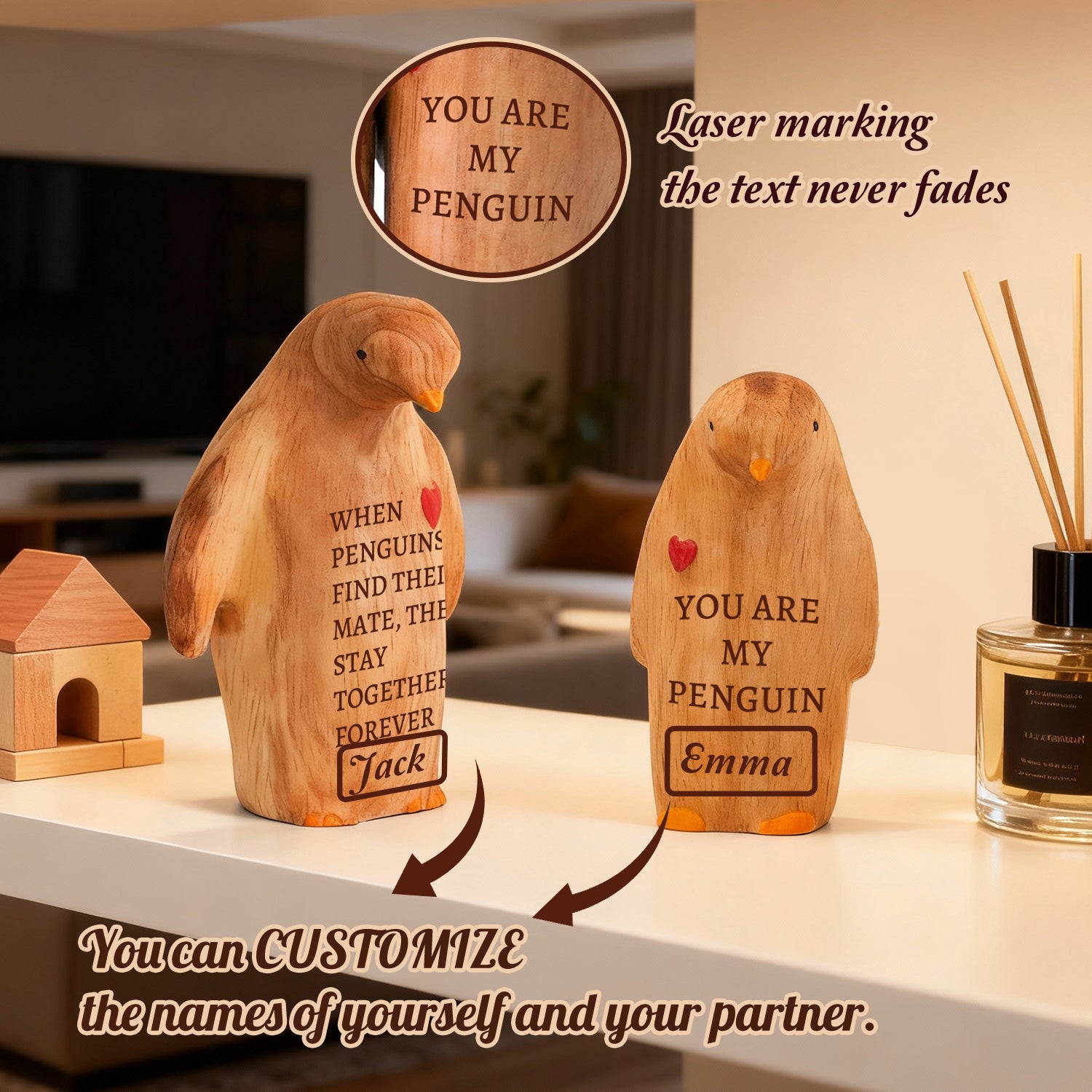 Personalized Wooden Penguin Couple