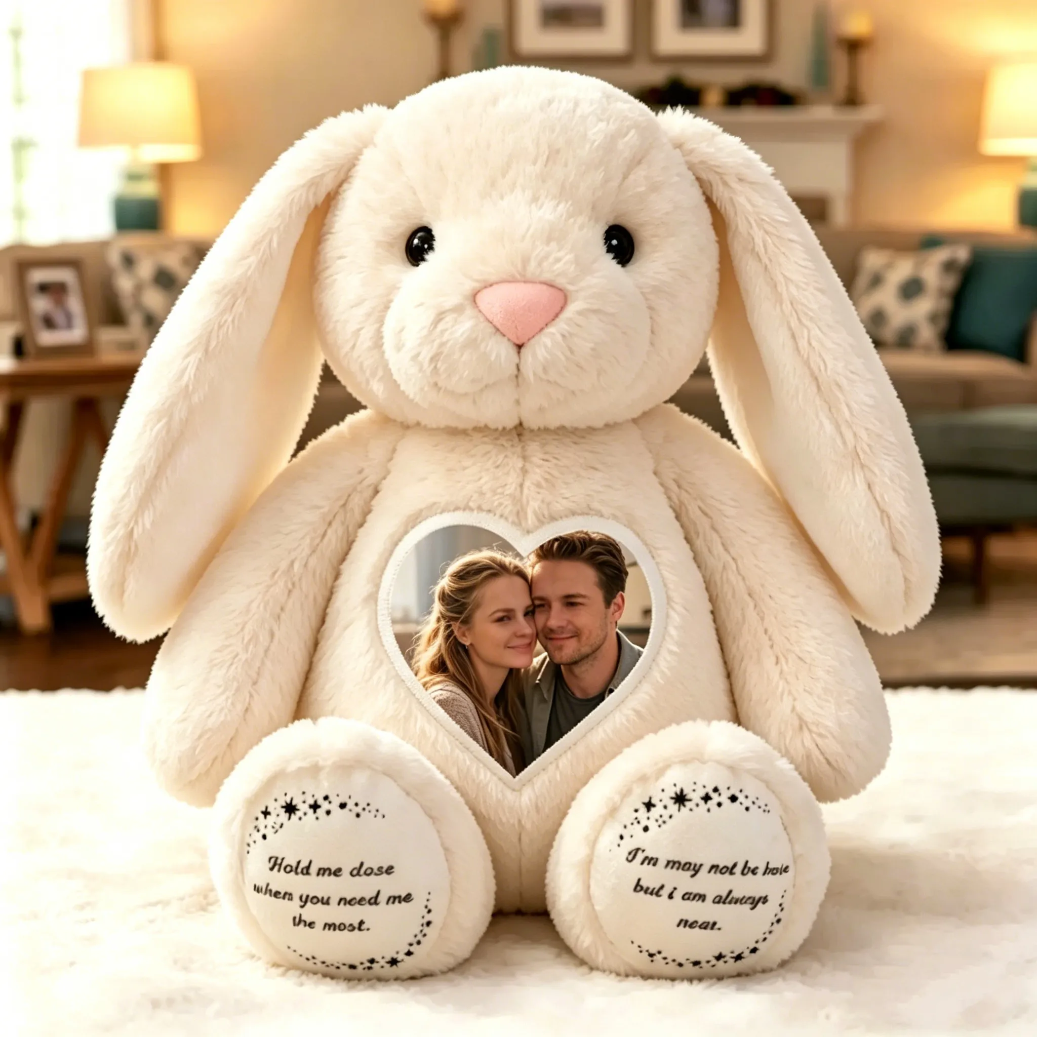 Custom Heart Photo Bunny Plush – Personalized Text Bunny Toys Anniversary Gift for Couples