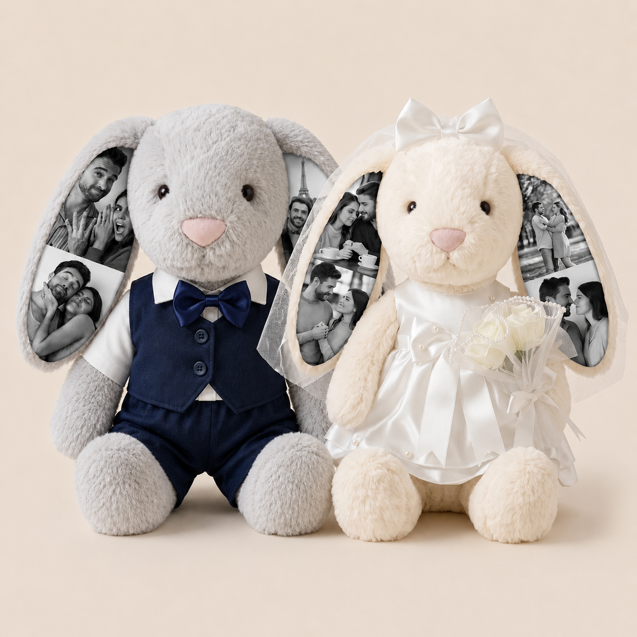 Custom Photo Wedding Bunny Plush – Personalized Bride & Groom Bunny Stuffed Animal, Anniversary Wedding Gift for Couples