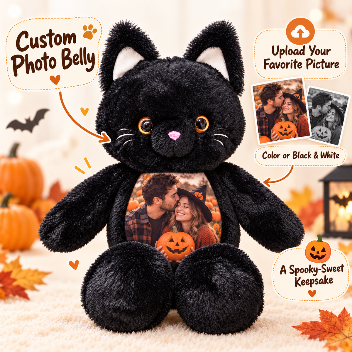 Personalized Photo Black Cat Plush
