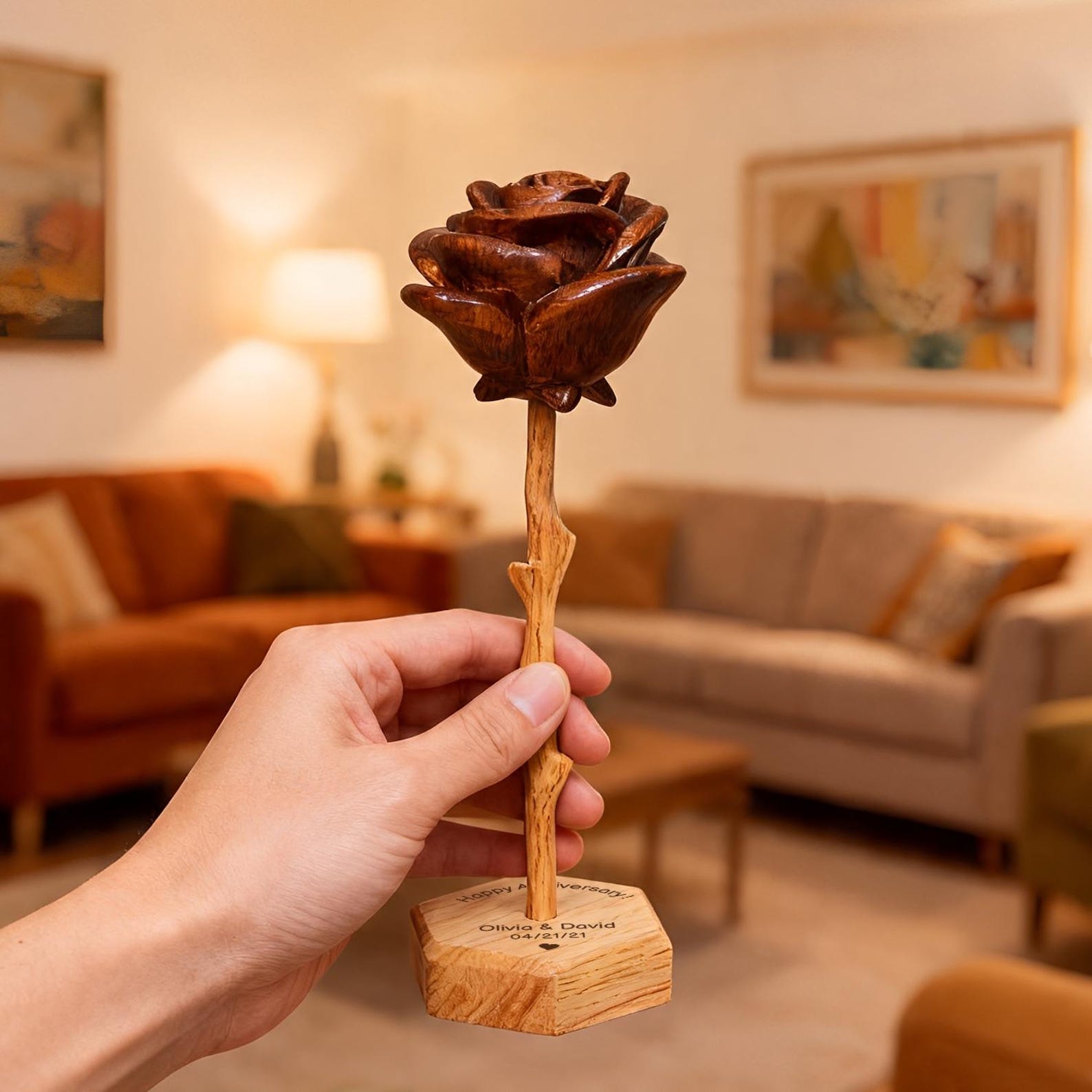 Hand-carved wooden roses – Personalized Engraved Base, Gifts for 5th Anniversary, Birthday, Mother’s Day,Valentine's Day