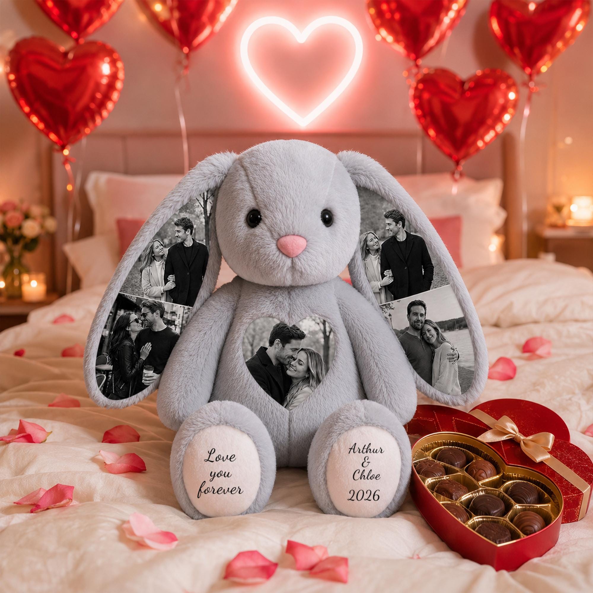 Custom Photo Engraved Bunny Plush - Personalized Anniversary Gift for Couple, Romantic Valentine’s Day Gift for Lover
