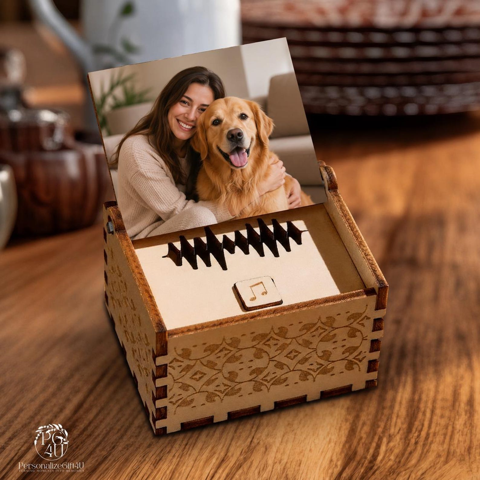 Personalized Wooden Music Box: Custom Song, Photo, and Name