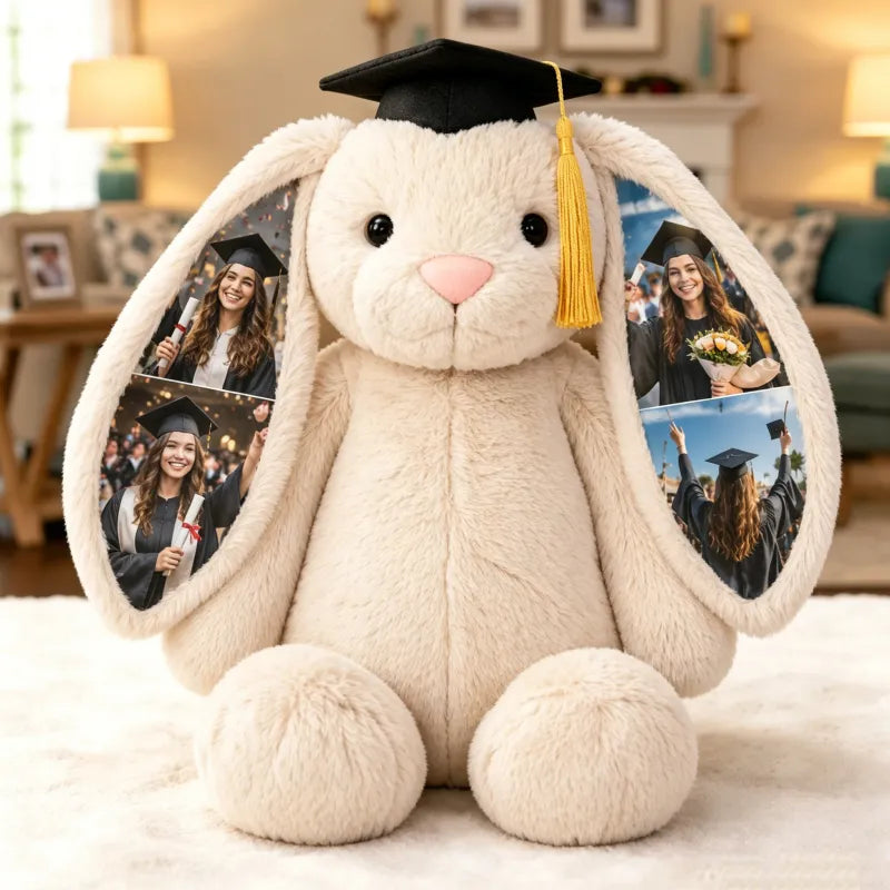 Personalized Hidden Ear Memory Bunny with Graduation Cap, Class of 2026 Gift
