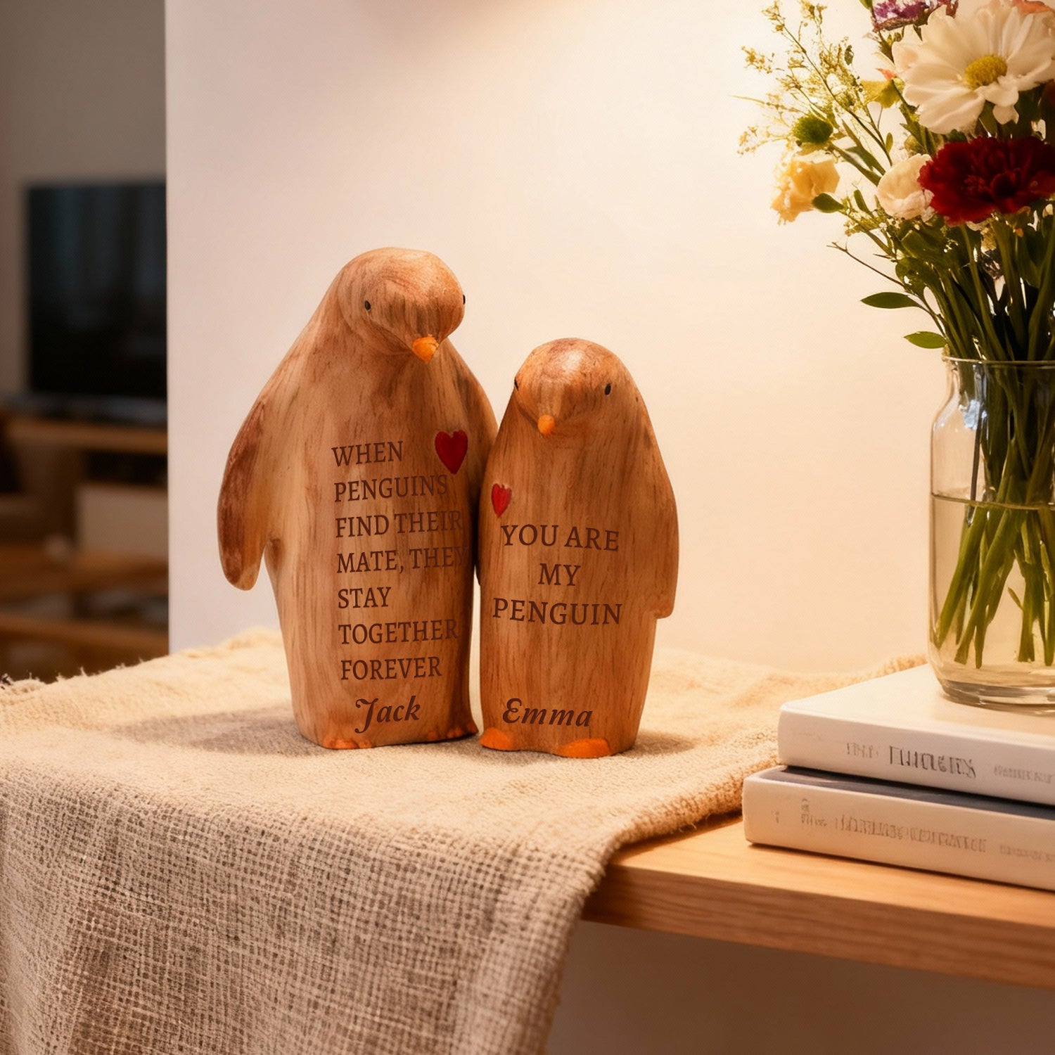 Personalized Wooden Penguin Couple
