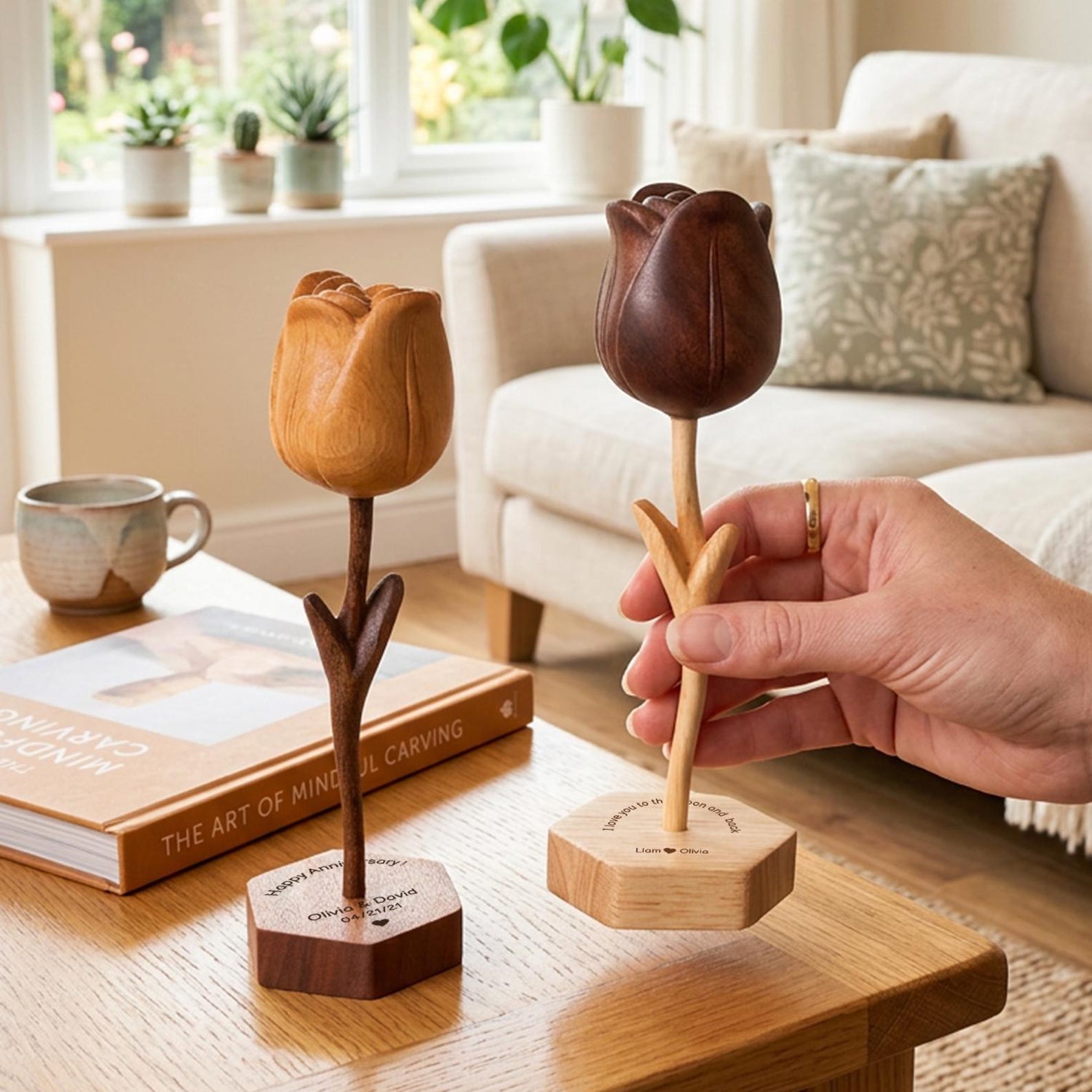 Hand-carved wooden tulips with customizable bases, 5th/10th/50th wedding anniversary gift, perfect as anniversary, Valentine's Day gift
