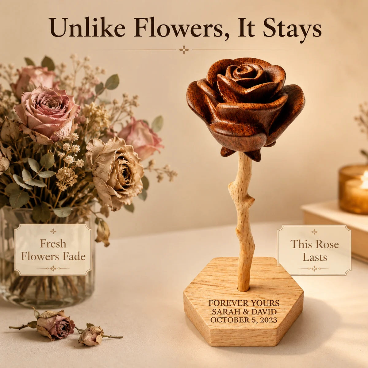 Personalized Wooden Rose Keepsake - Custom Anniversary Gift