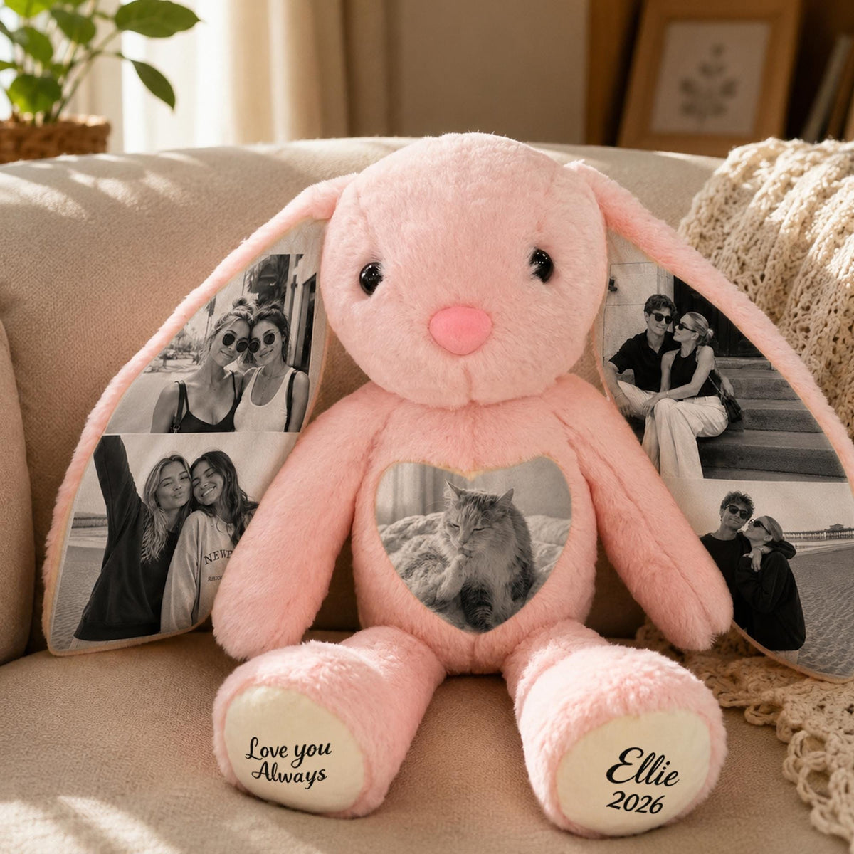 Custom Photo Plush Bunny With Paw Text