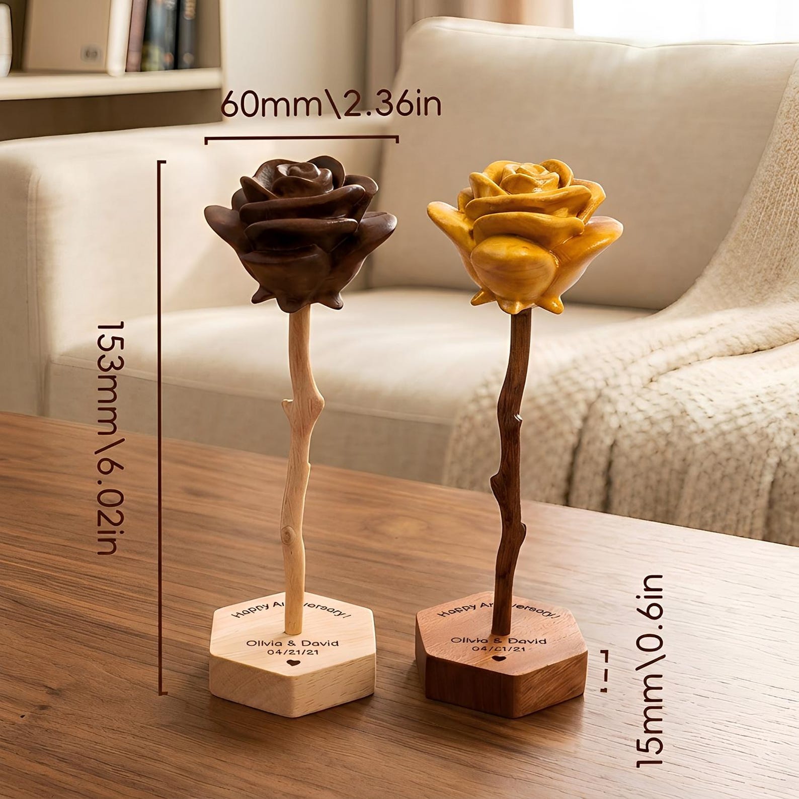 Hand-carved wooden roses – Personalized Engraved Base, Gifts for 5th Anniversary, Birthday, Mother’s Day,Valentine's Day