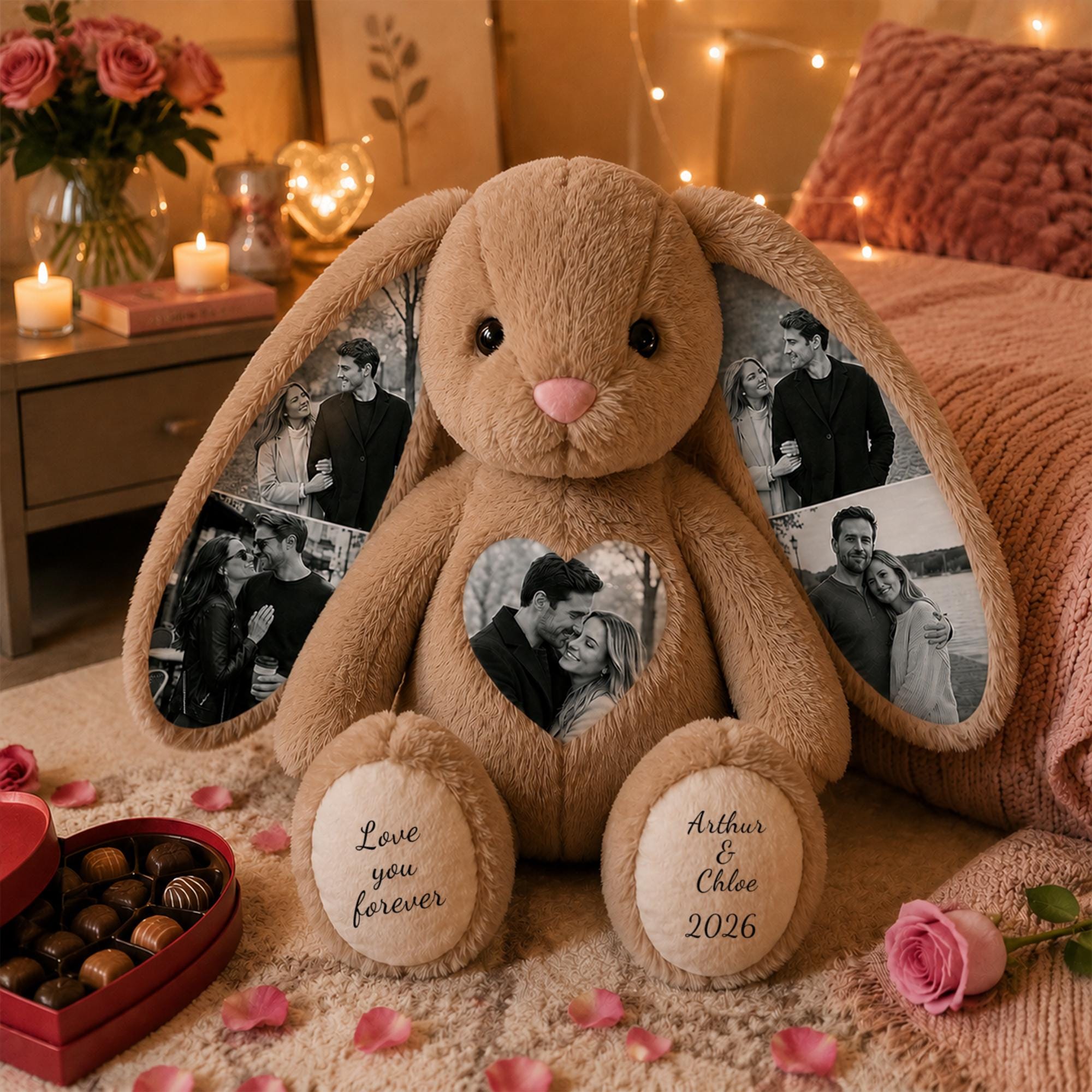 Custom Photo Engraved Bunny Plush - Personalized Anniversary Gift for Couple, Romantic Valentine’s Day Gift for Lover