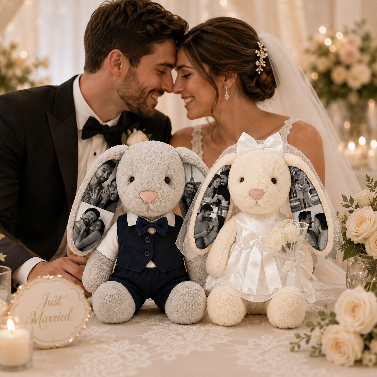 Custom Photo Wedding Bunny Plush – Personalized Bride & Groom Bunny Stuffed Animal, Anniversary Wedding Gift for Couples