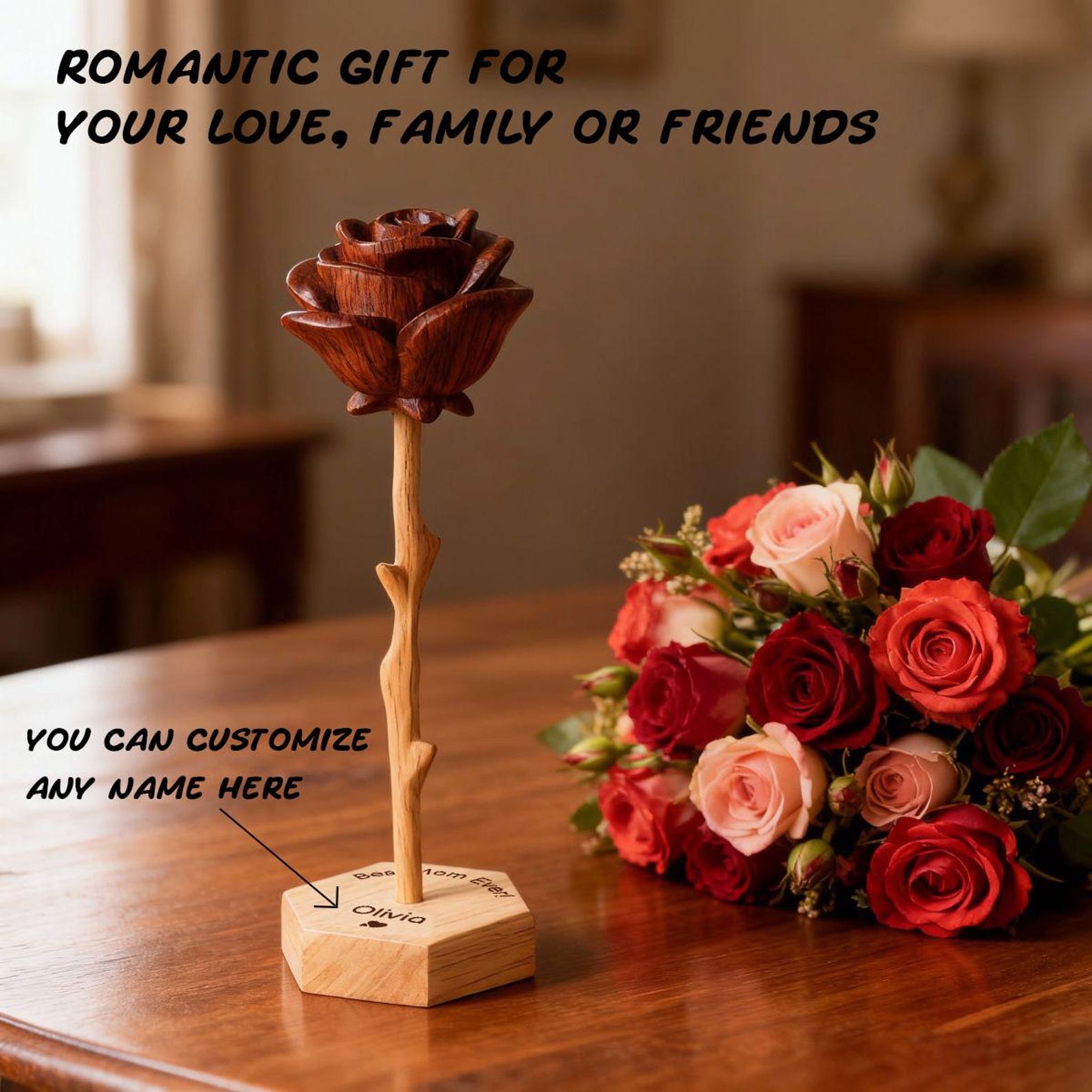 Hand-carved wooden roses – Personalized Engraved Base, Gifts for 5th Anniversary, Birthday, Mother’s Day,Valentine's Day