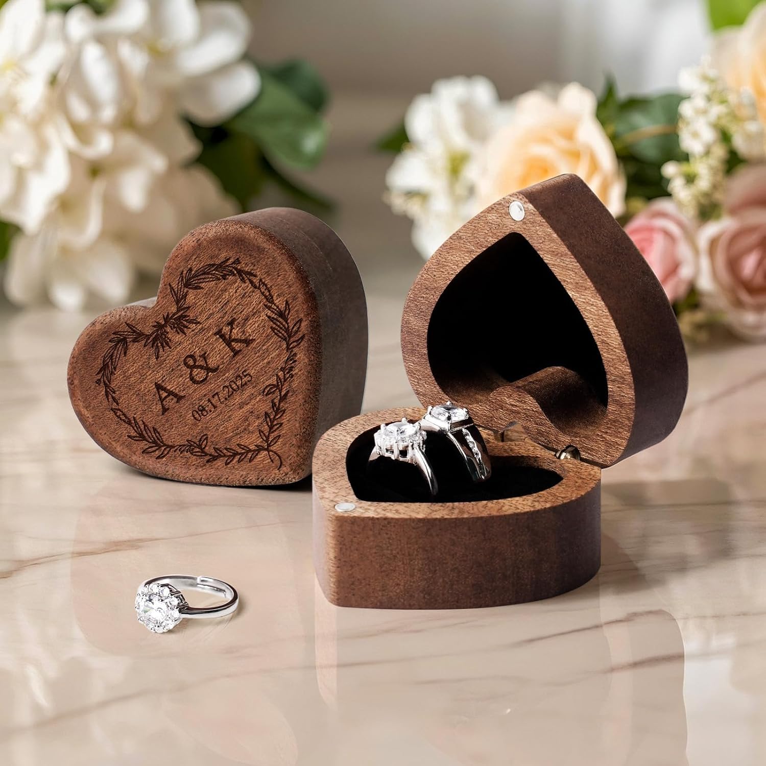 Personalized Wooden Wedding Ring Box - Heart Box