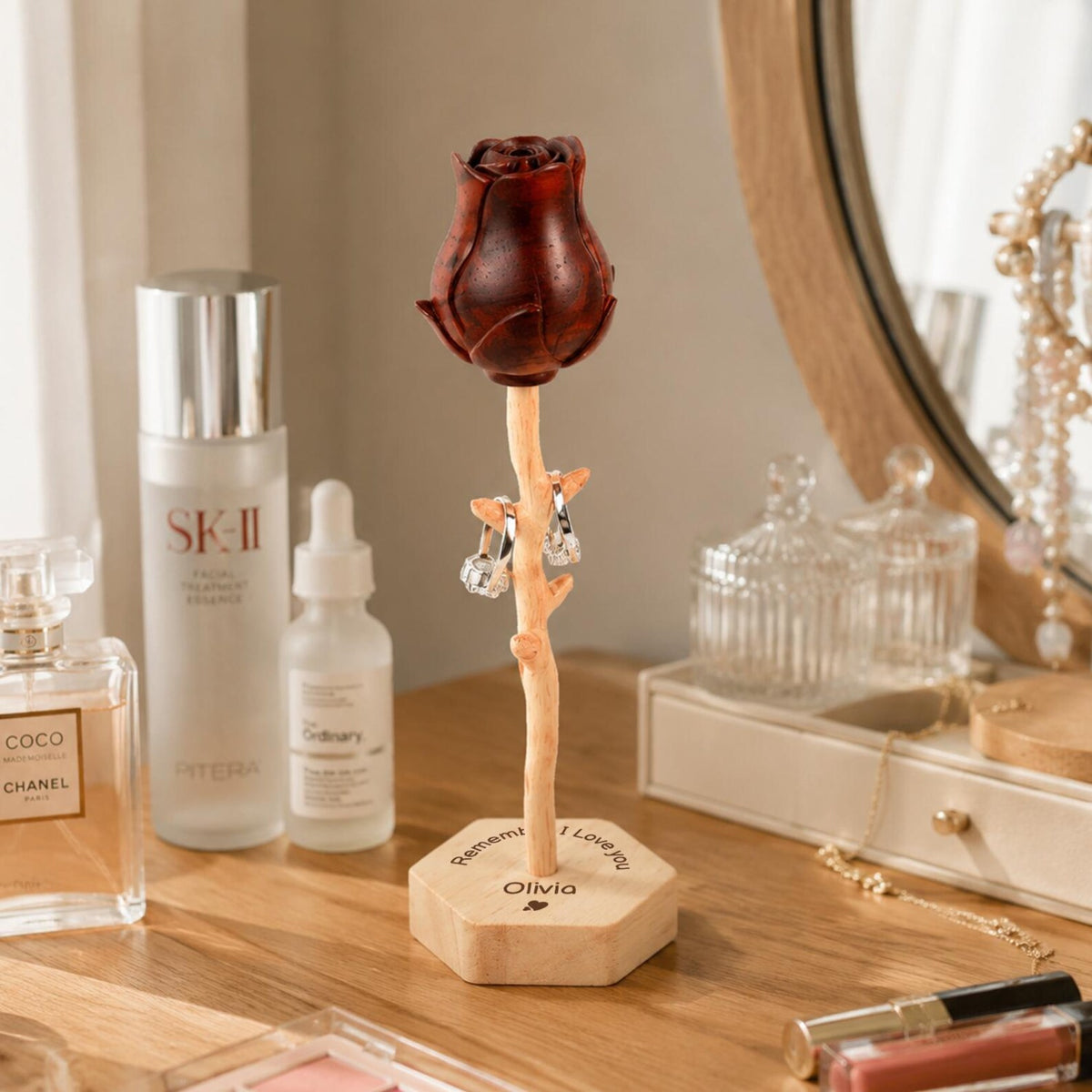 Personalized Wooden Rose Jewelry Stand Ornament