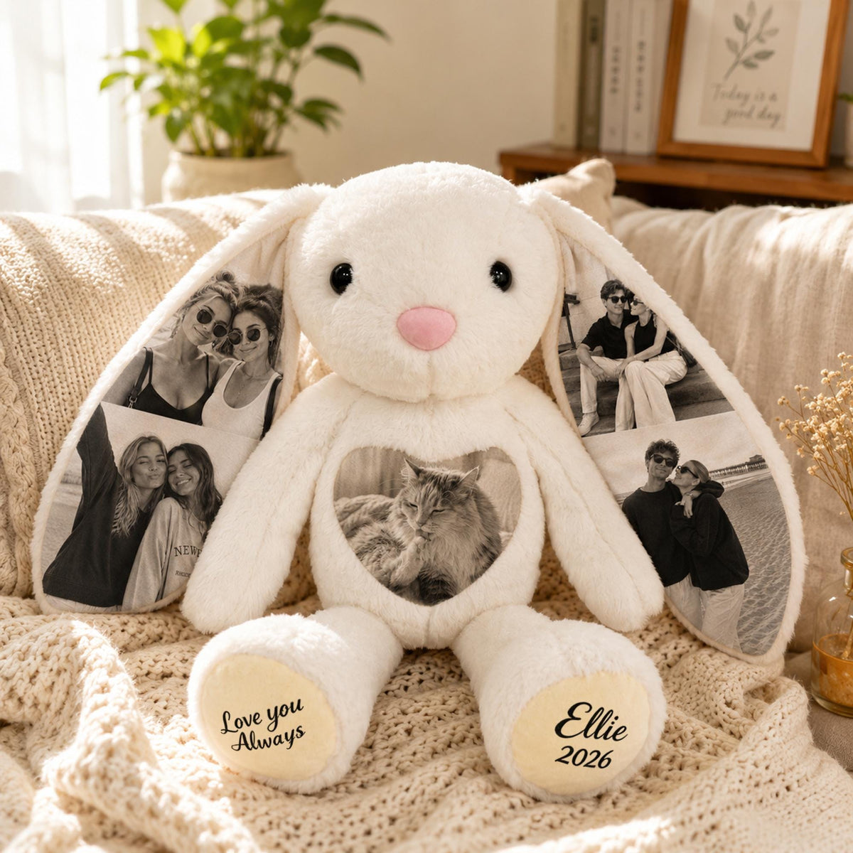 Custom Photo Plush Bunny With Paw Text