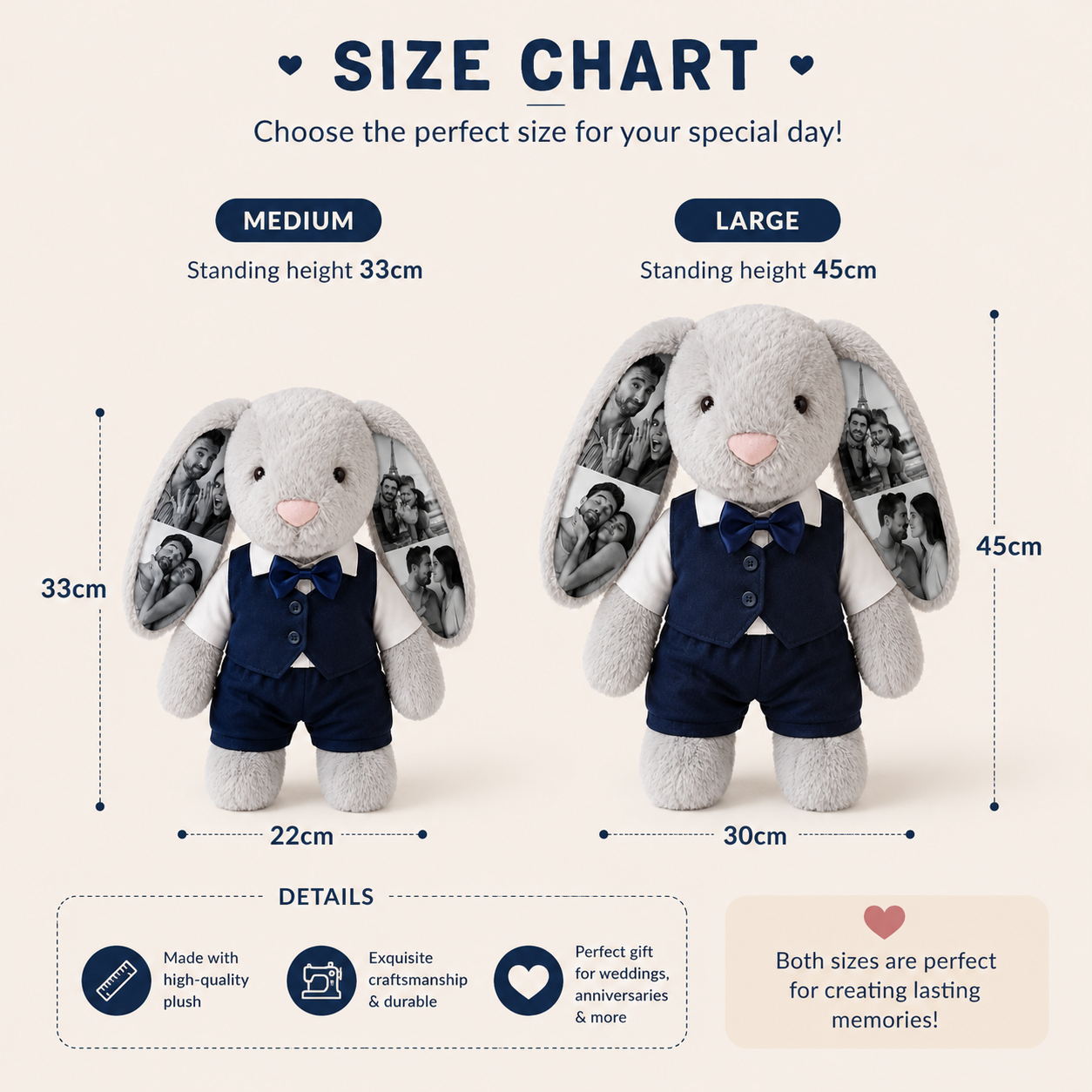 Custom Photo Wedding Bunny Plush – Personalized Bride & Groom Bunny Stuffed Animal, Anniversary Wedding Gift for Couples