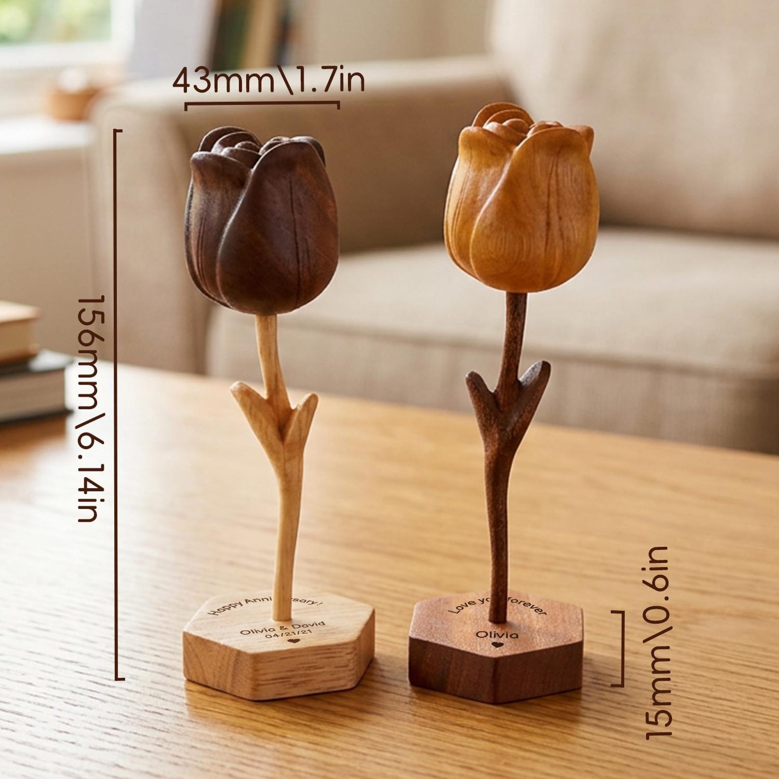Hand-carved wooden tulips with customizable bases, 5th/10th/50th wedding anniversary gift, perfect as anniversary, Valentine's Day gift