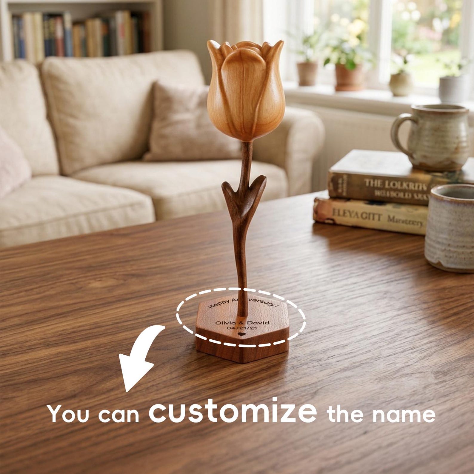 Hand-carved wooden tulips with customizable bases, 5th/10th/50th wedding anniversary gift, perfect as anniversary, Valentine's Day gift