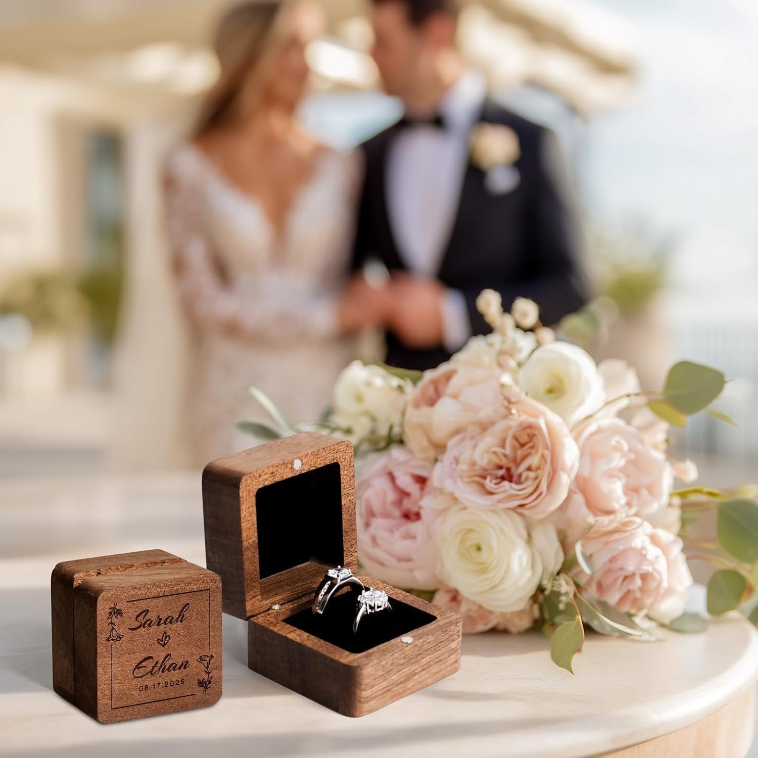 Personalized Wooden Wedding Ring Box - Square Box