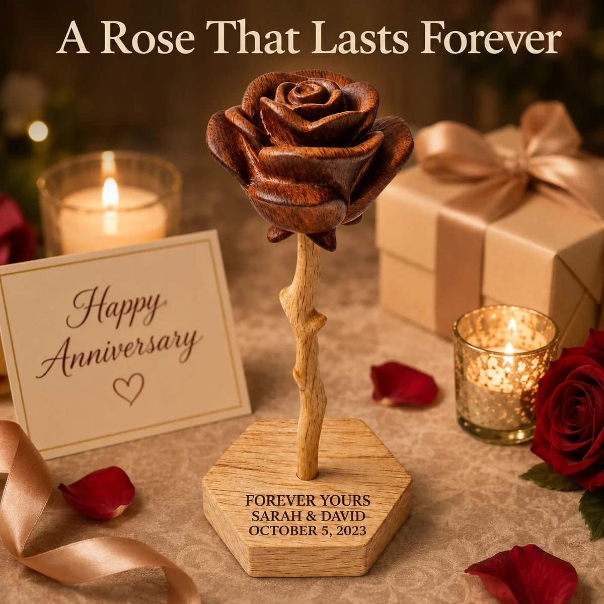 Personalized Wooden Rose Keepsake - Custom Anniversary Gift