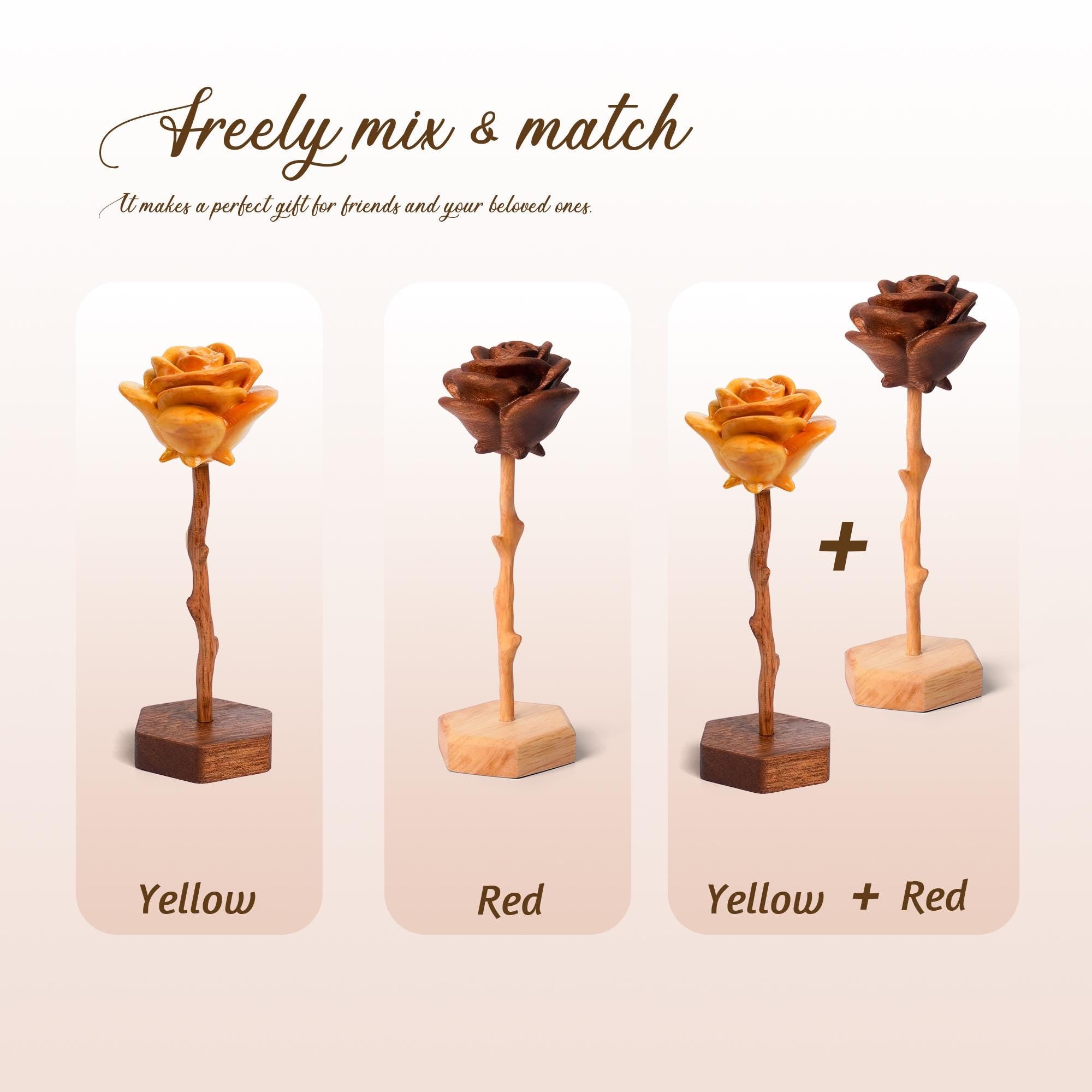Hand-carved wooden roses – Personalized Engraved Base, Gifts for 5th Anniversary, Birthday, Mother’s Day,Valentine's Day