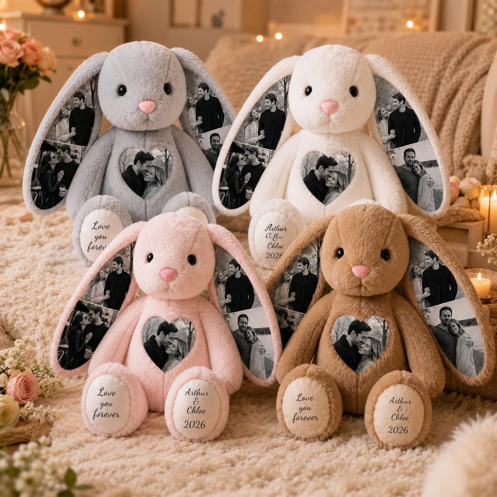 Custom Photo Engraved Bunny Plush - Personalized Anniversary Gift for Couple, Romantic Valentine’s Day Gift for Lover