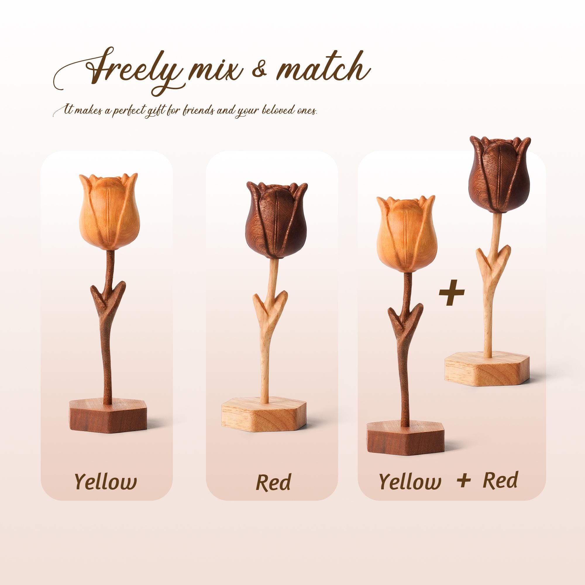 Hand-carved wooden tulips with customizable bases, 5th/10th/50th wedding anniversary gift, perfect as anniversary, Valentine's Day gift