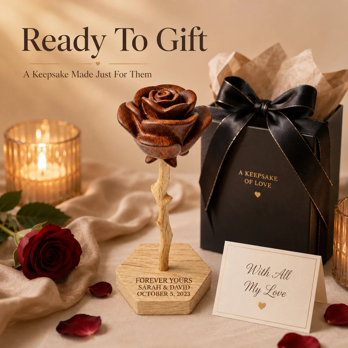 Personalized Wooden Rose Keepsake - Custom Anniversary Gift