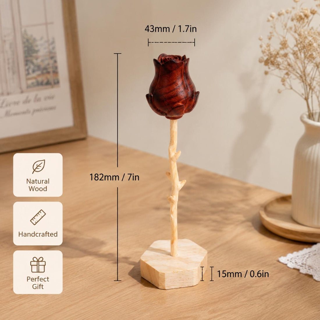 Wooden Rose Jewelry Stand Ornament | "Eternal Rose" for Anniversaries & Valentine's Day | Customizable Engraved Wooden Floral Ornament