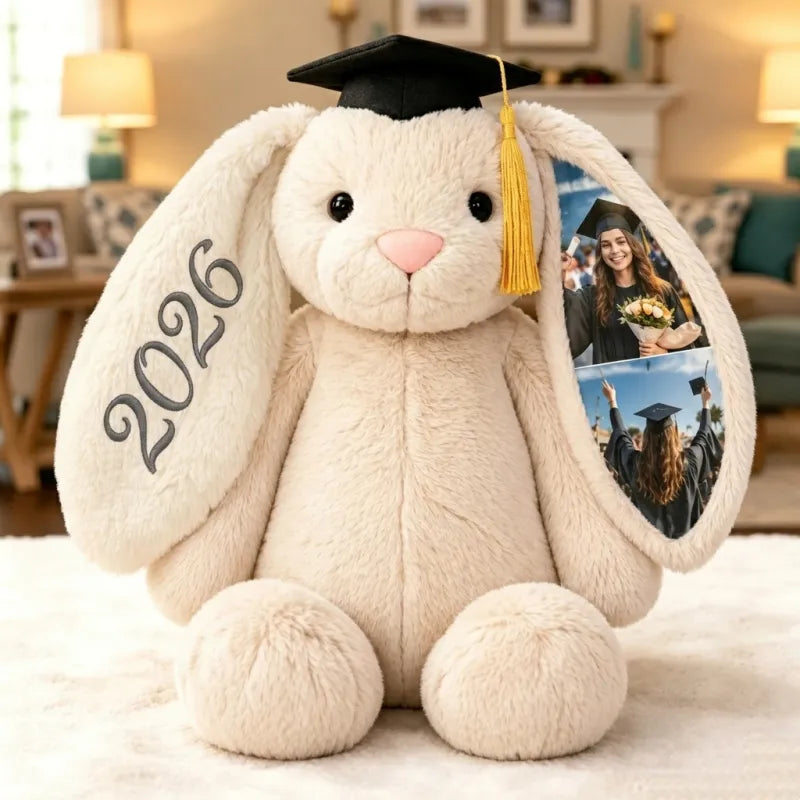 Personalized Hidden Ear Memory Bunny with Graduation Cap, Class of 2026 Gift