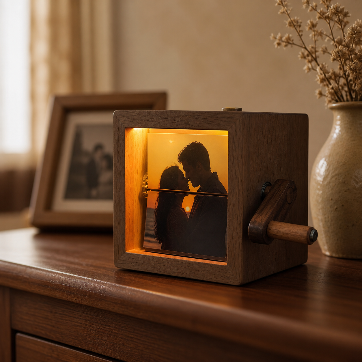 Custom Photo Flipbook Frame Animation Machine Mechanical Hand-cranked Flipbook Box Photo Album with Light Black Walnut Anniversary Gifts