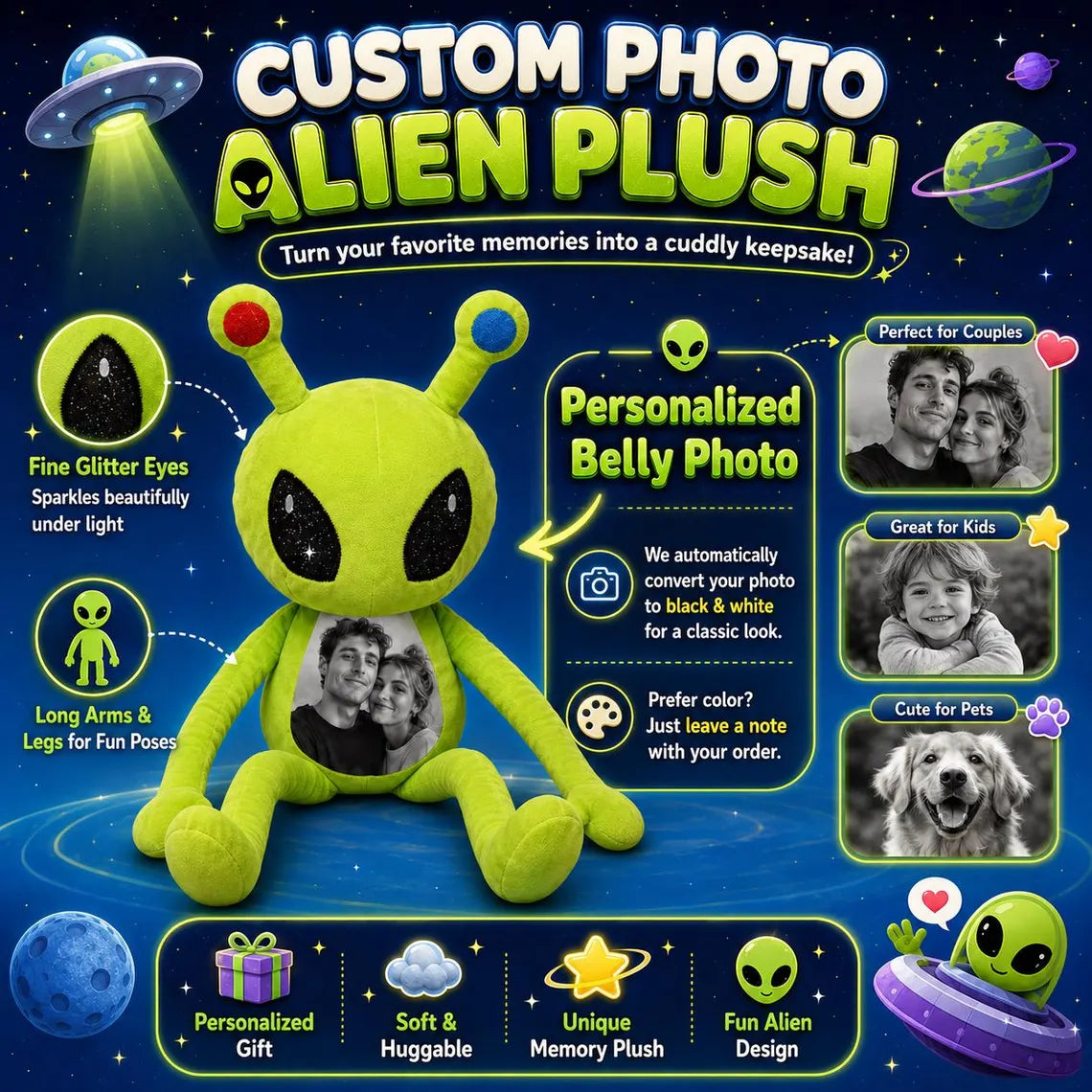 Personalized Alien Plush with Custom Photo, Custom Picture Alien Stuffed Toy, Unique Memory Keepsake Gift