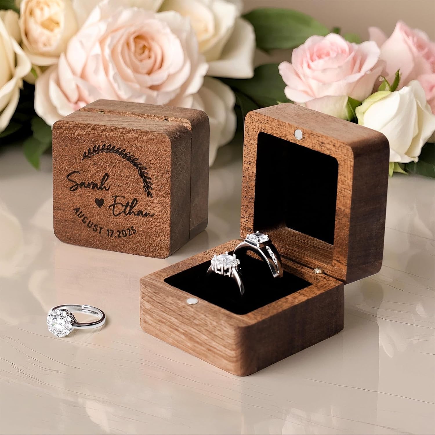 Personalized Wooden Wedding Ring Box - Square Box