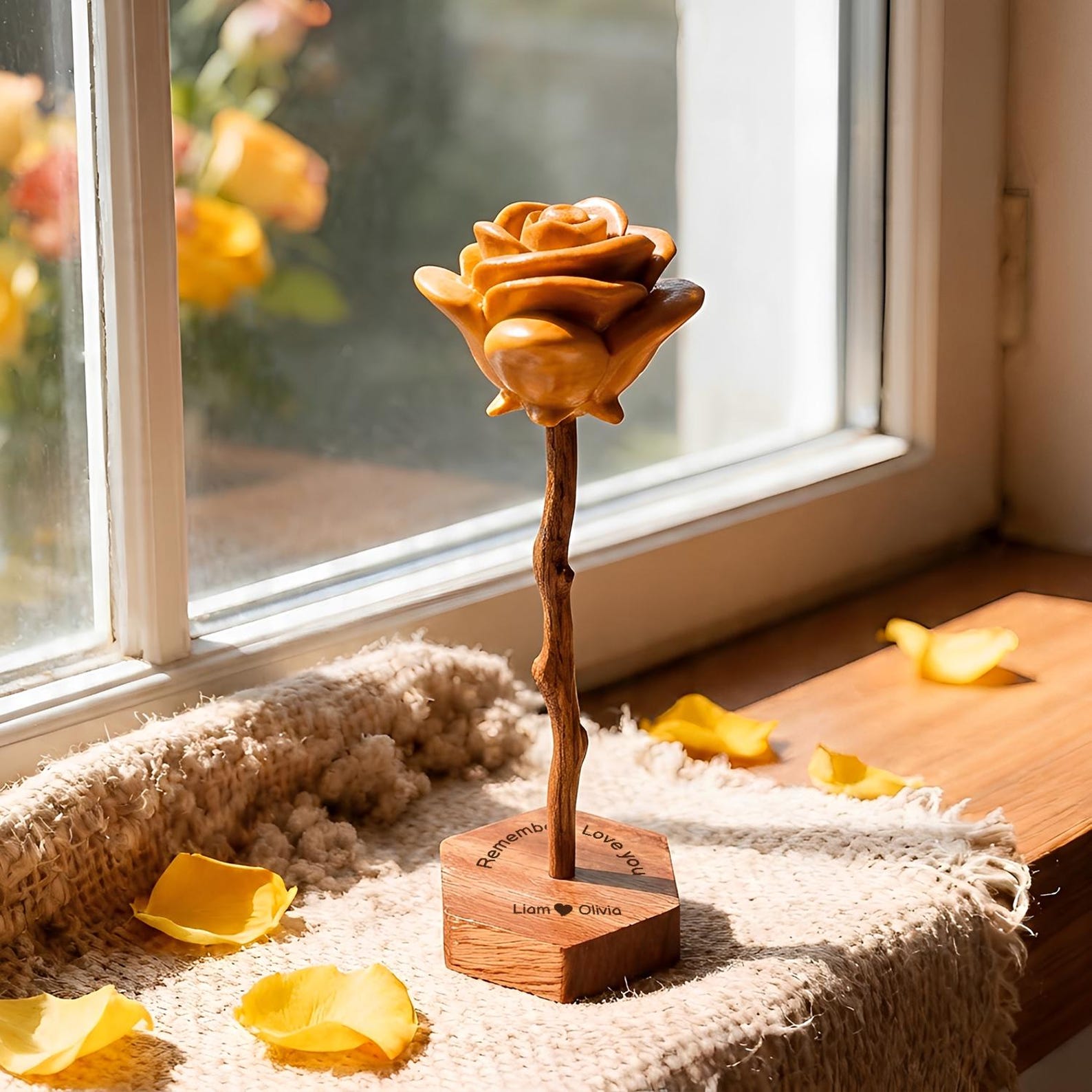Hand-carved wooden roses – Personalized Engraved Base, Gifts for 5th Anniversary, Birthday, Mother’s Day,Valentine's Day