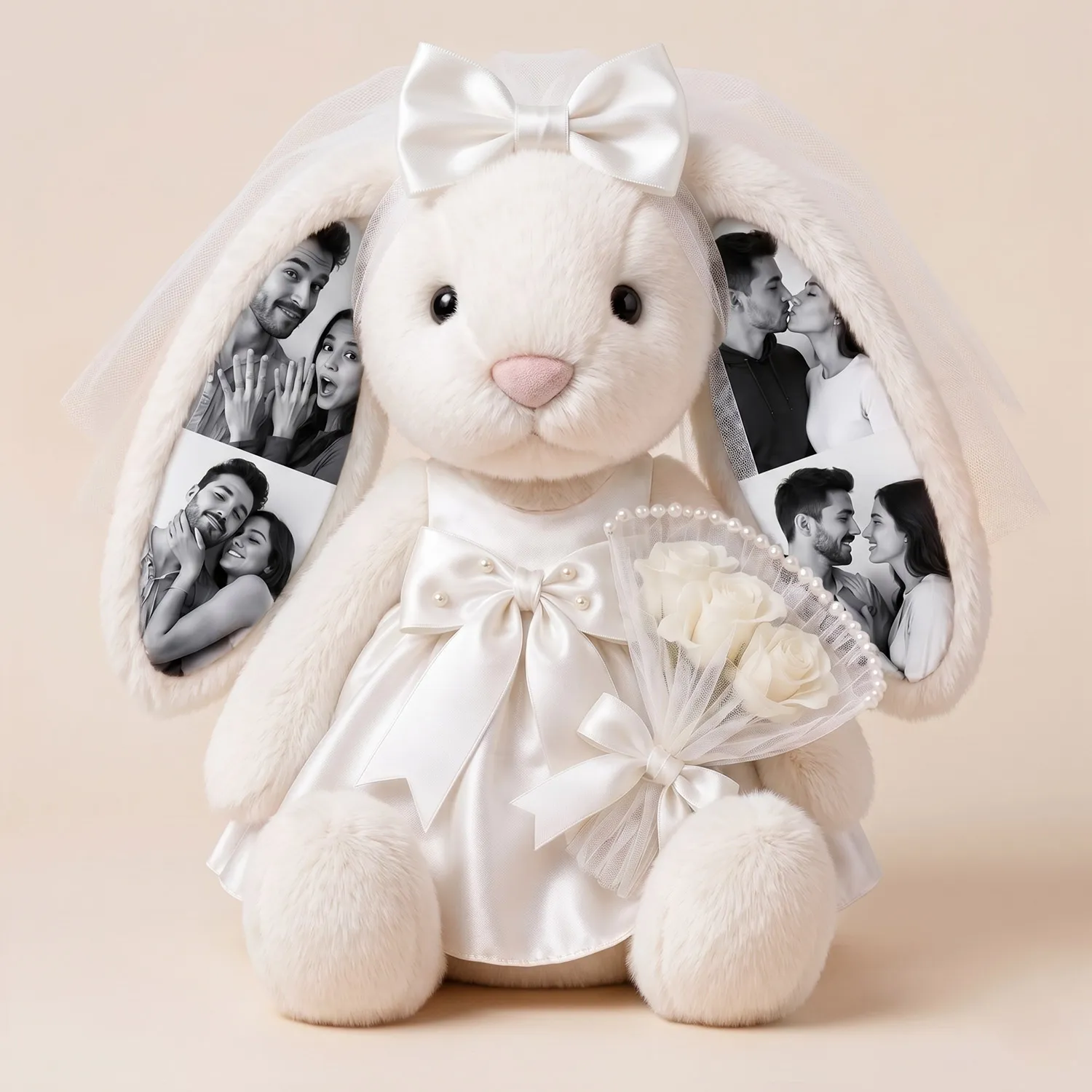 Custom Photo Wedding Bunny Plush – Personalized Bride & Groom Bunny Stuffed Animal, Anniversary Wedding Gift for Couples