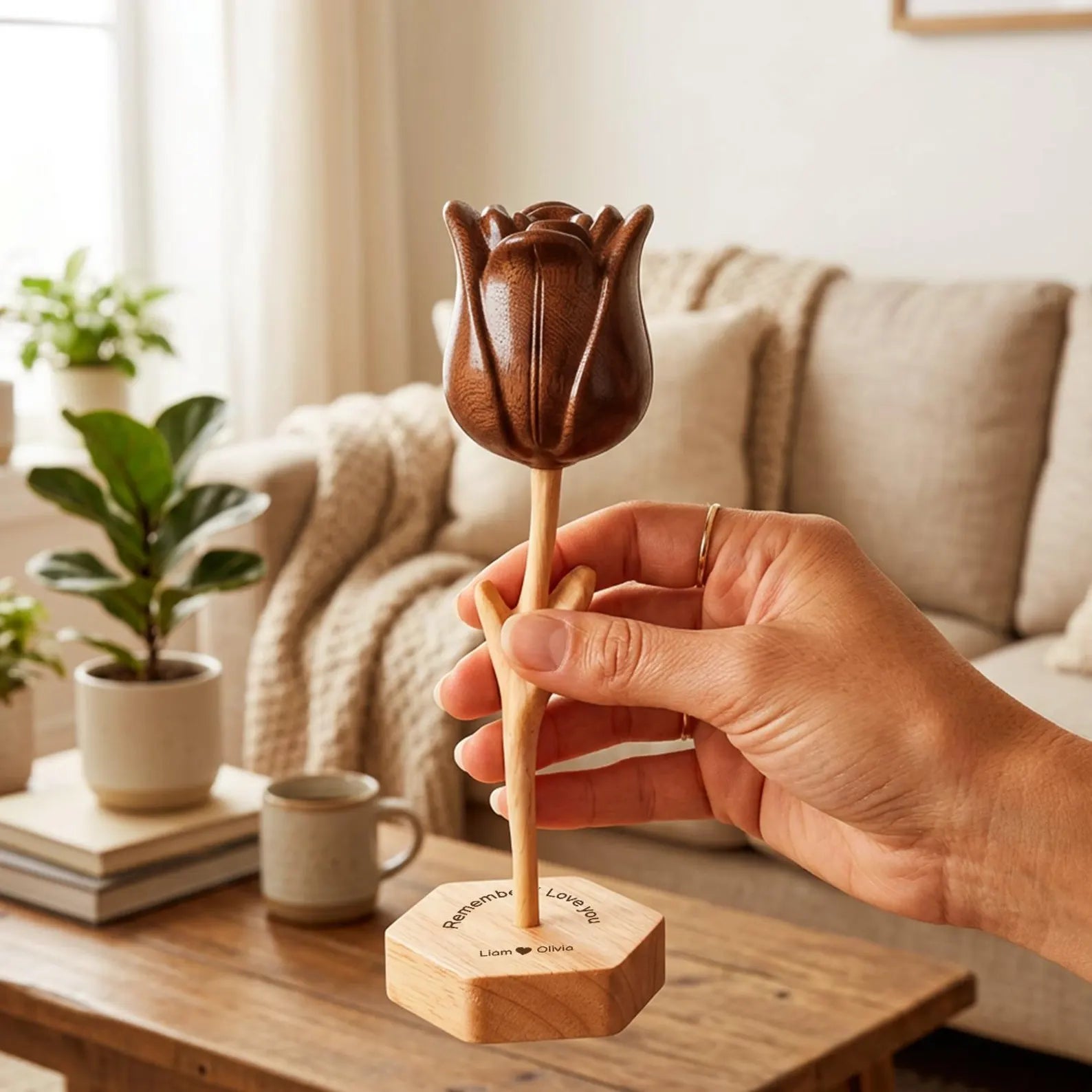 Hand-carved wooden tulips with customizable bases, 5th/10th/50th wedding anniversary gift, perfect as anniversary, Valentine's Day gift