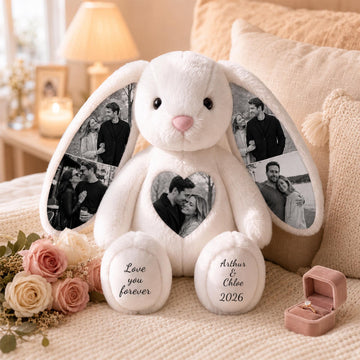 Custom Photo Engraved Bunny Plush - Personalized Anniversary Gift for Couple, Romantic Valentine’s Day Gift for Lover